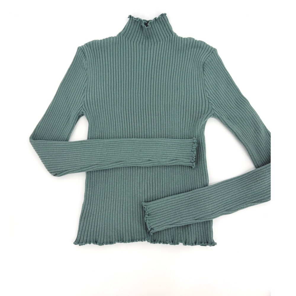 Forever 21 Women Sage Green Ribbed‎ Mock Neck Lettuce Edge Long Sleeve Sweater S